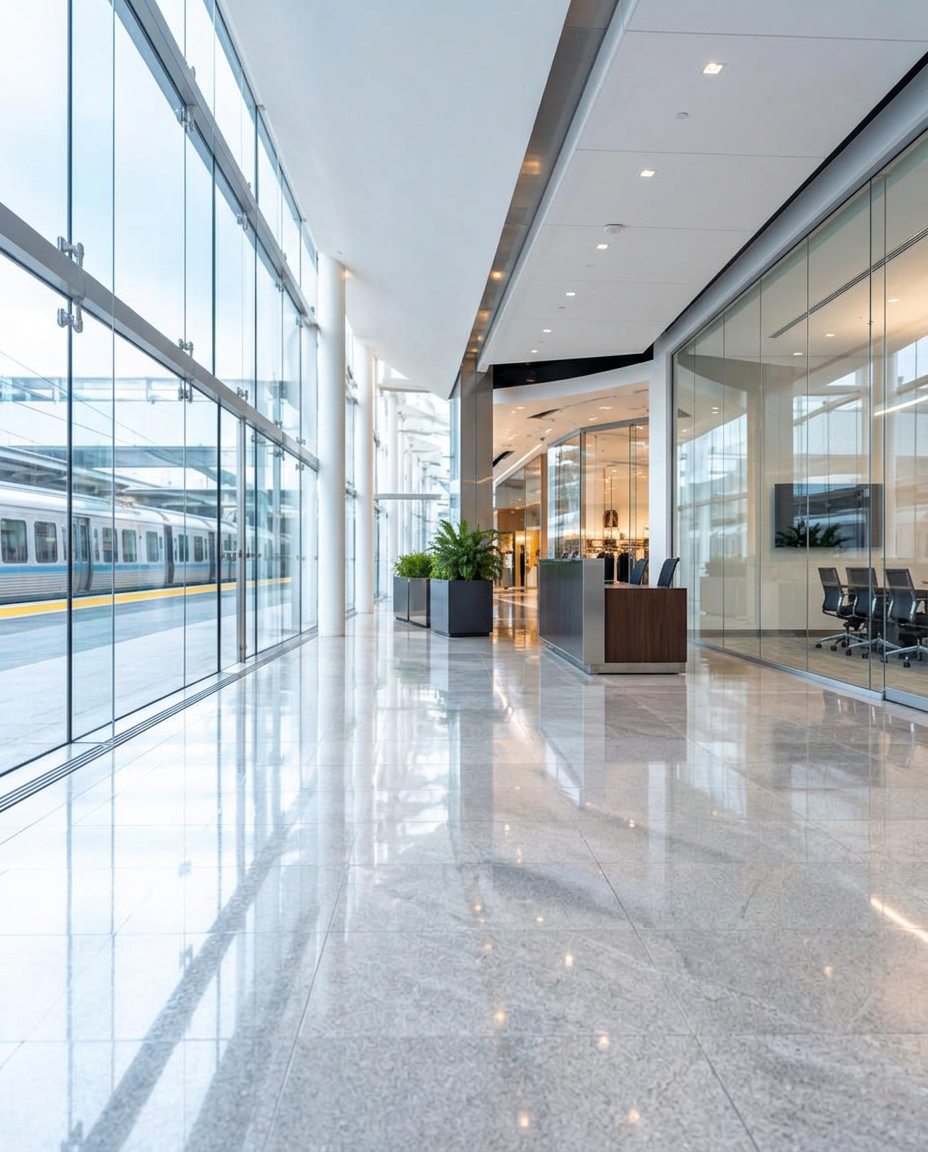 A bright commercial building lobby