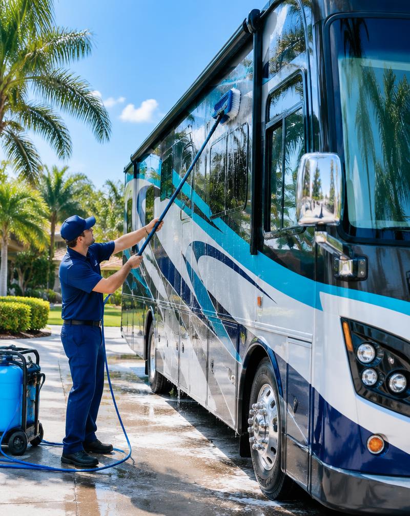 A professional cleaner washing an RV